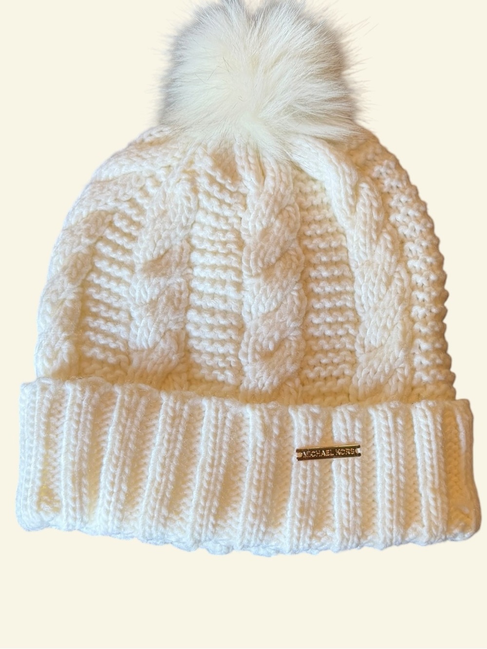 MICHAEL KORS Cable Knit Teddy Fleece Pom Pom Beanie Hat Lined Cream Women’s NWOT